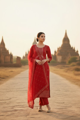 Fuchsia Organza Embroidered Suit Set Sequins