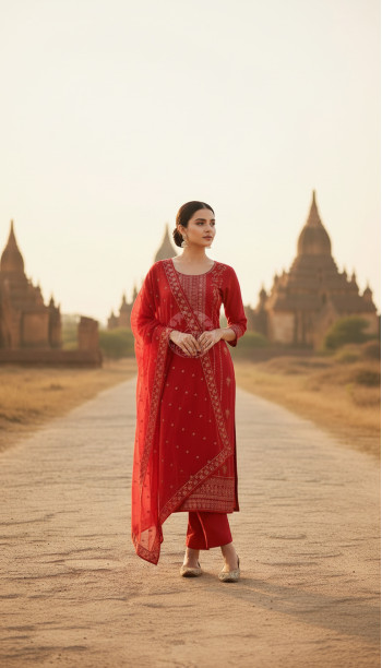 Fuchsia Organza Embroidered Suit Set Sequins