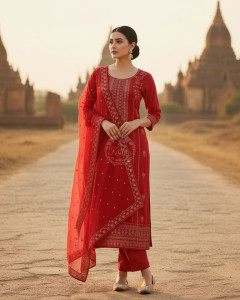 Fuchsia Organza Embroidered Suit Set Sequins