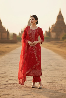 Fuchsia Organza Embroidered Suit Set Sequins