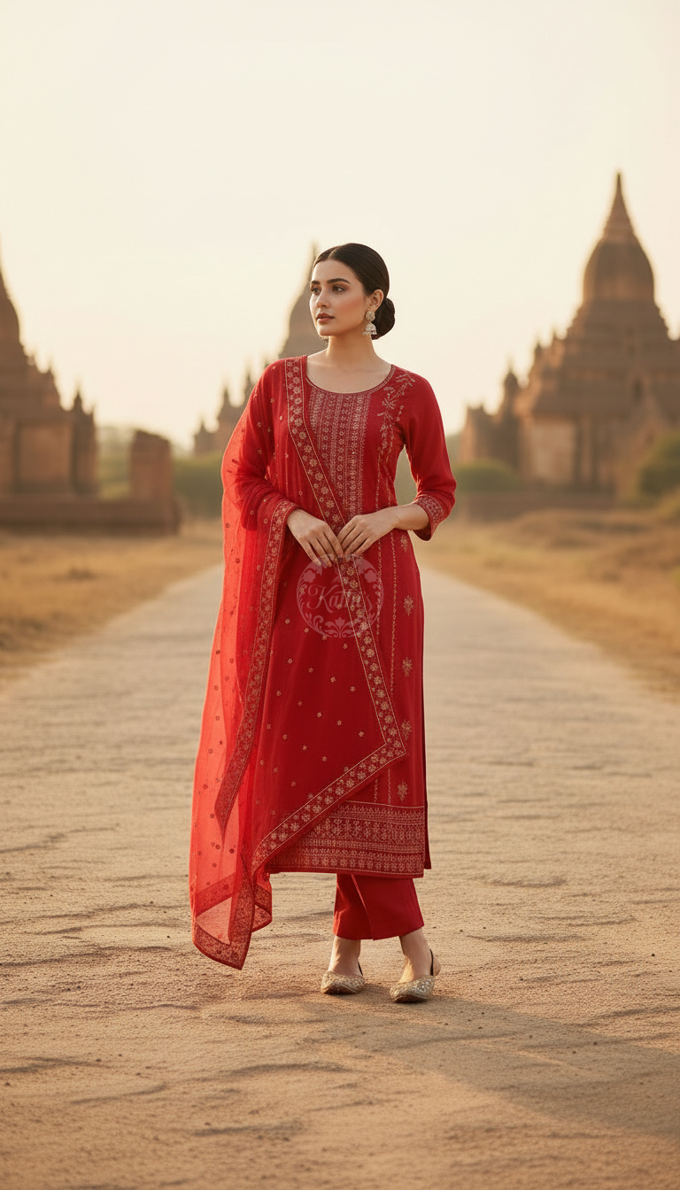 Fuchsia Organza Embroidered Suit Set Sequins