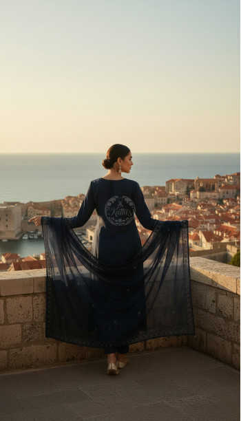 Blue Organza Embroidered Suit Set With Thread Work