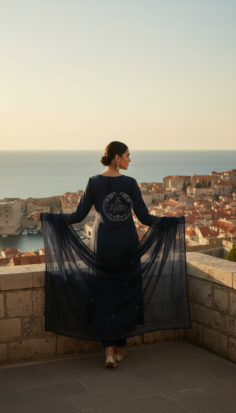 Blue Organza Embroidered Suit Set With Thread Work