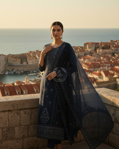 Blue Organza Embroidered Suit Set With Thread Work