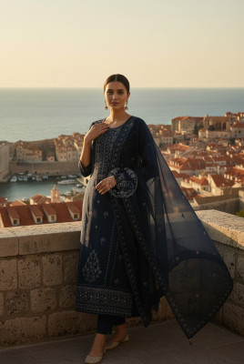 Blue Organza Embroidered Suit Set With Thread Work