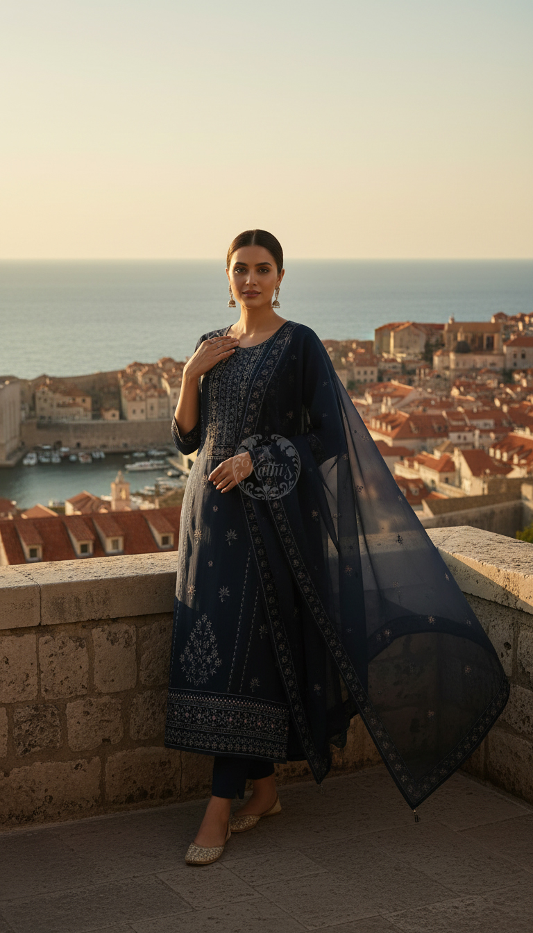 Blue Organza Embroidered Suit Set With Thread Work