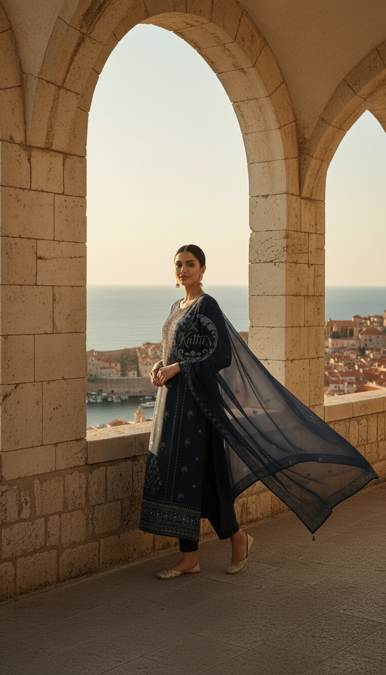 Blue Organza Embroidered Suit Set With Thread Work