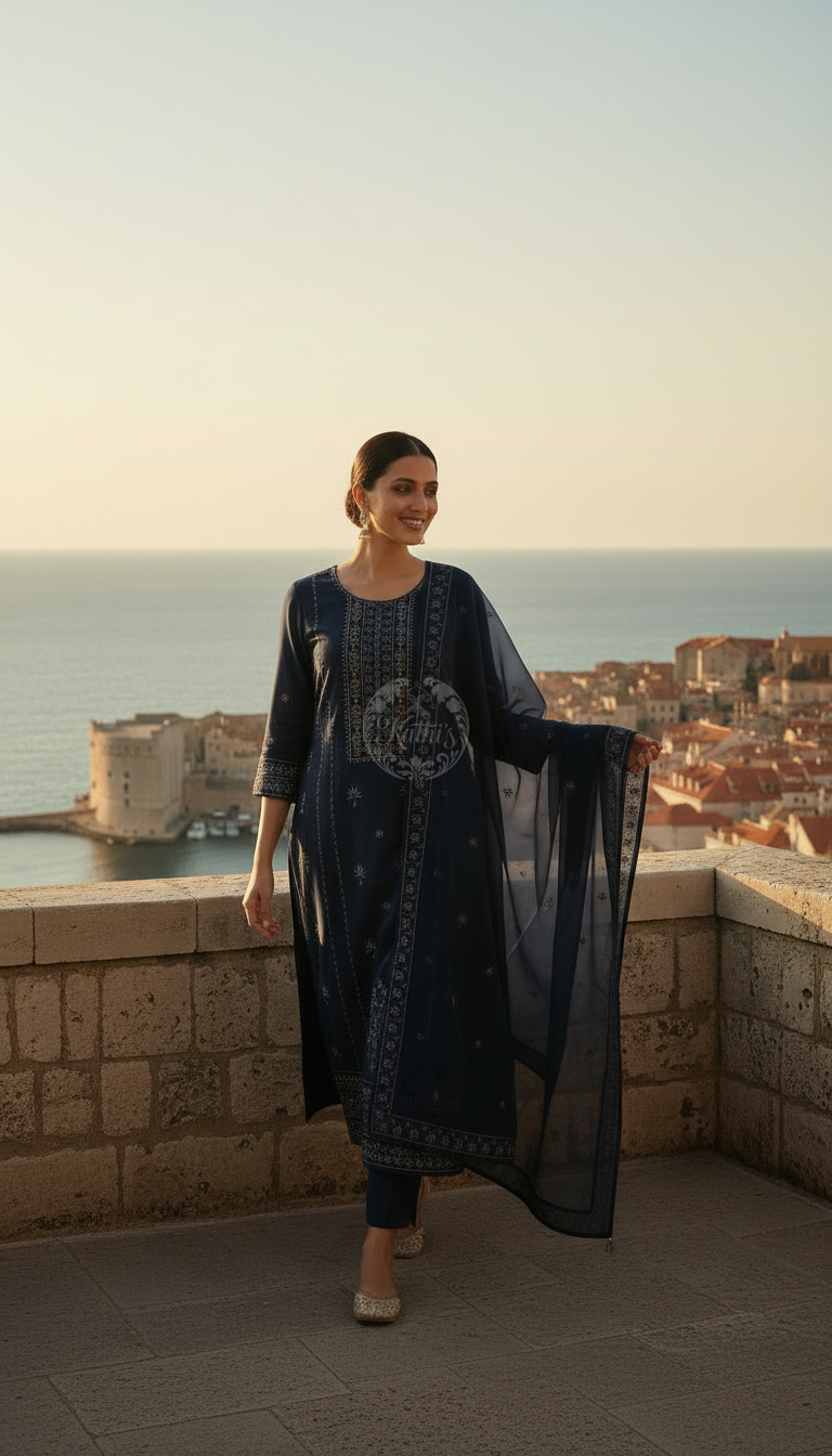 Blue Organza Embroidered Suit Set With Thread Work