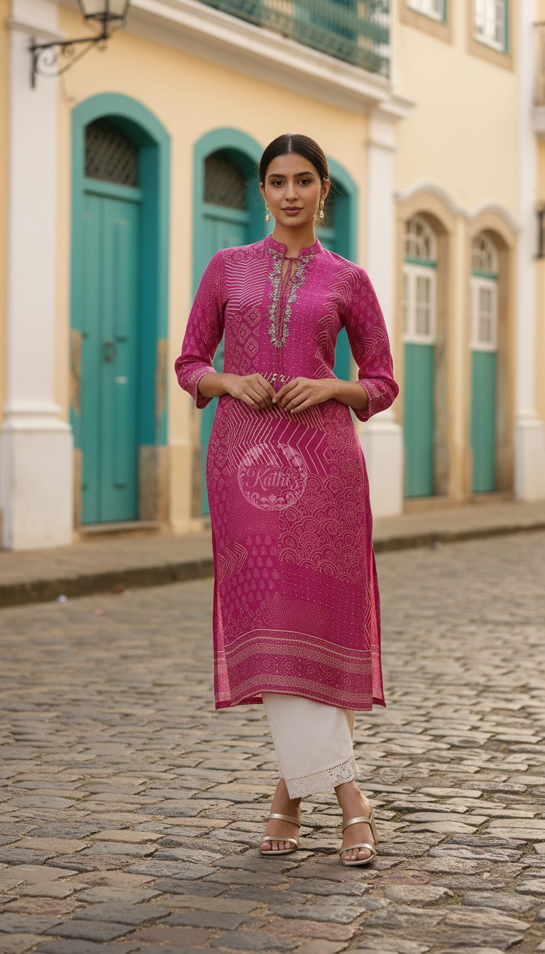 Fuchsia Muslin Ethnic Motif Kurta With Zardosi