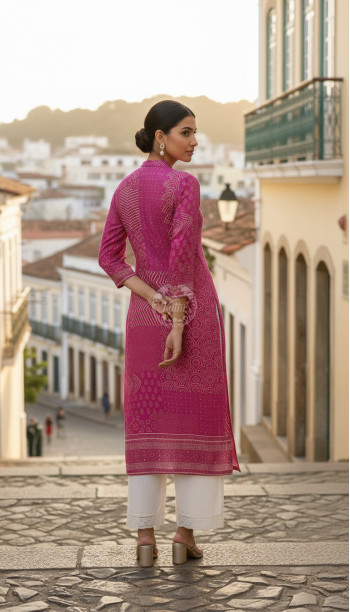 Fuchsia Muslin Ethnic Motif Kurta With Zardosi