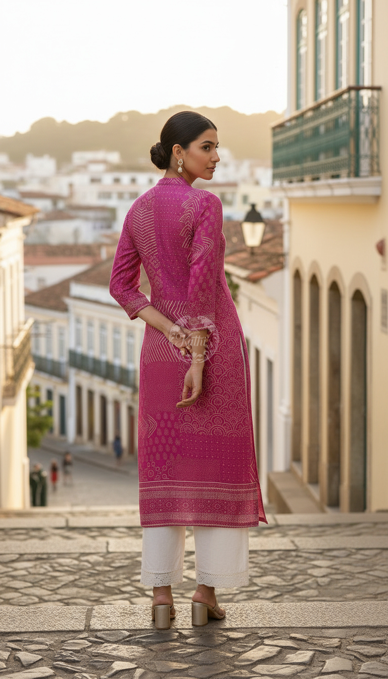 Fuchsia Muslin Ethnic Motif Kurta With Zardosi