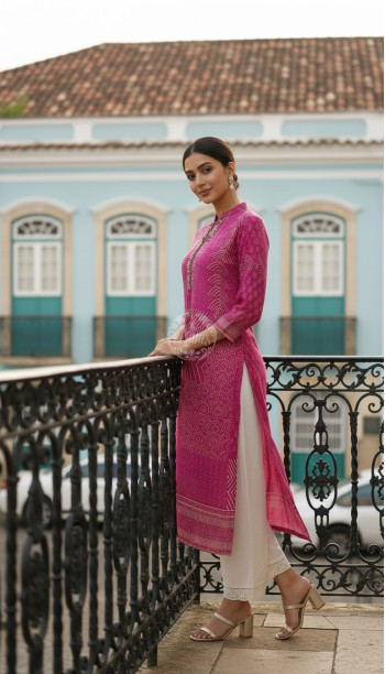 Fuchsia Muslin Ethnic Motif Kurta With Zardosi
