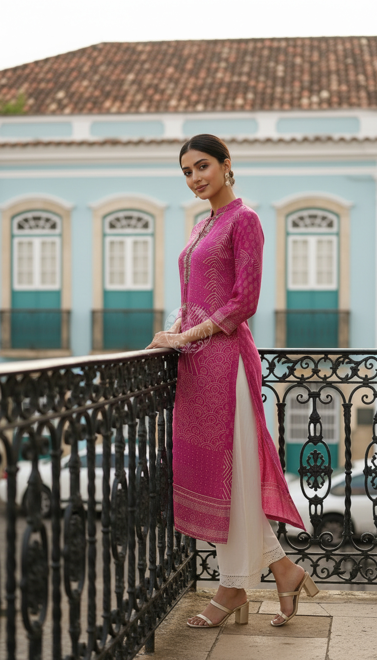 Fuchsia Muslin Ethnic Motif Kurta With Zardosi