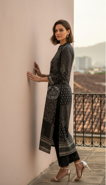 Black Muslin Ethnic Motif Kurta With Zardosi