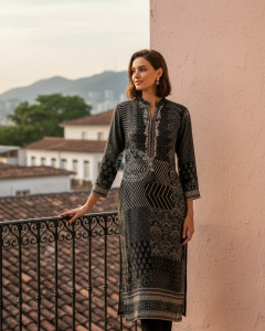 Black Muslin Ethnic Motif Kurta With Zardosi