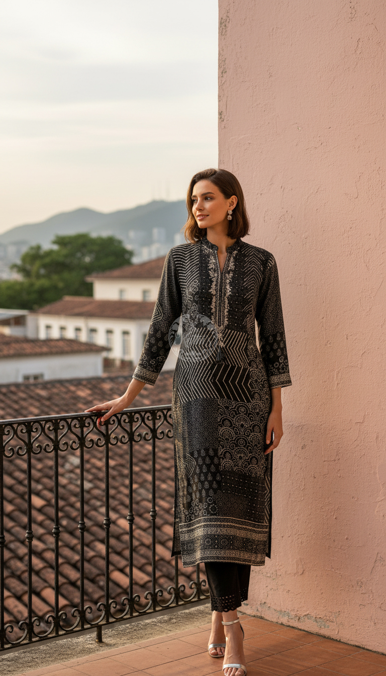 Black Muslin Ethnic Motif Kurta With Zardosi