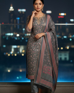 Grey Tussar Floral Print Suit Set With Zari