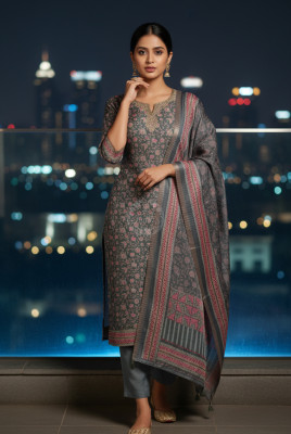 Grey Tussar Floral Print Suit Set With Zari