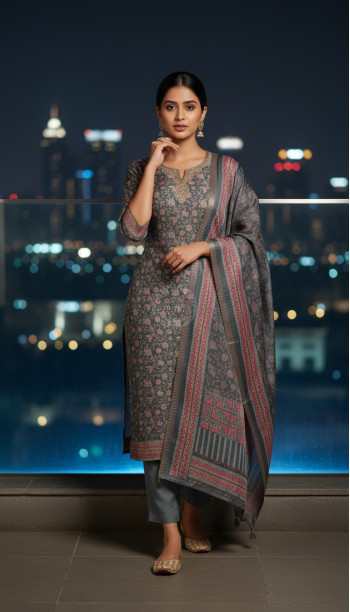 Grey Tussar Floral Print Suit Set With Zari