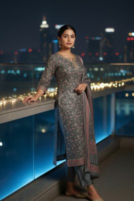 Grey Tussar Floral Print Suit Set With Zari