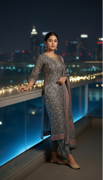 Grey Tussar Floral Print Suit Set With Zari