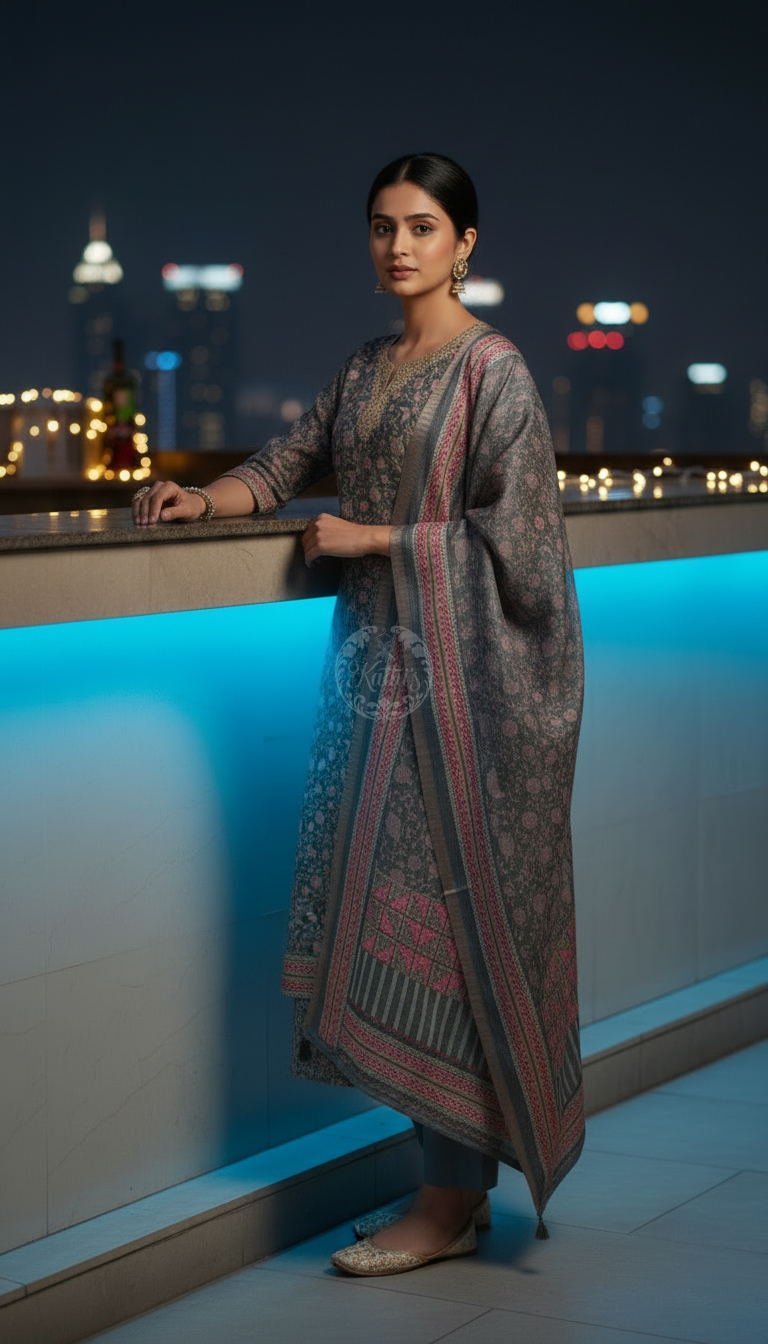 Grey Tussar Floral Print Suit Set With Zari