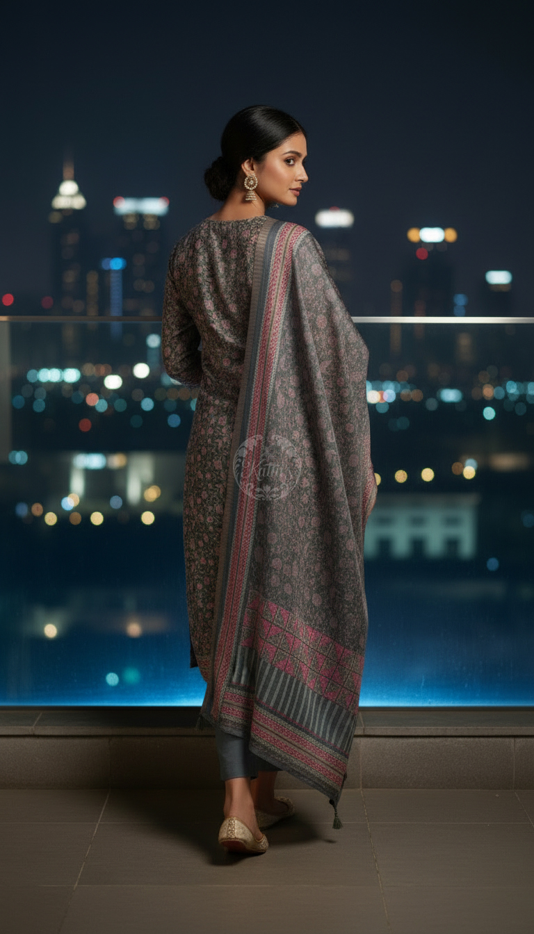 Grey Tussar Floral Print Suit Set With Zari