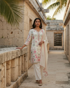 Off White Georgette Embroidered Suit Set With Thread Work