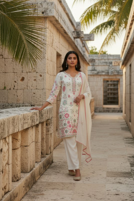 Off White Georgette Embroidered Suit Set With Thread Work