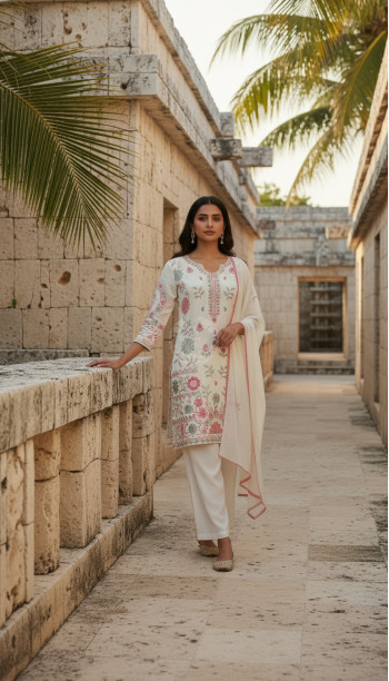 Off White Georgette Embroidered Suit Set With Thread Work