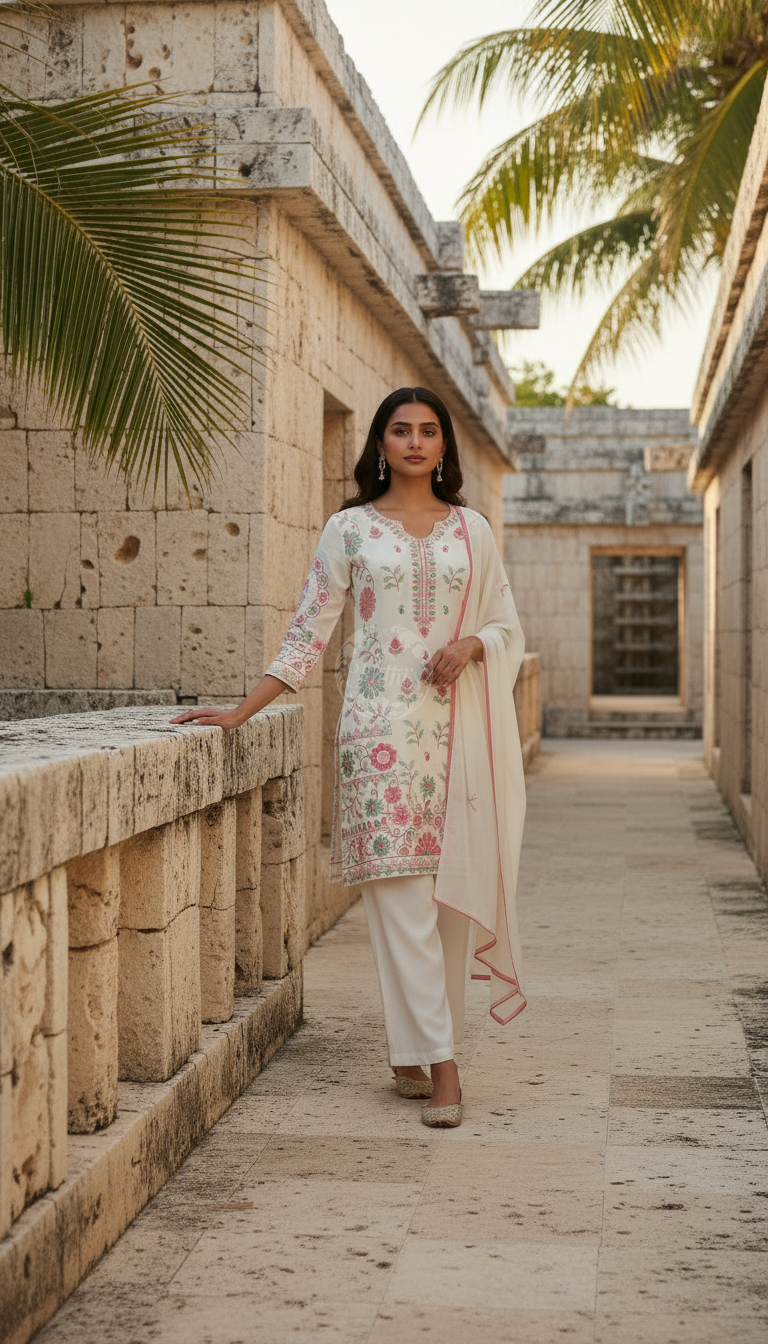 Off White Georgette Embroidered Suit Set With Thread Work