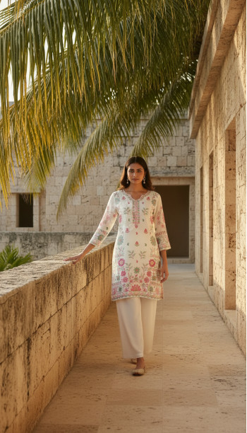 Off White Georgette Embroidered Suit Set With Thread Work