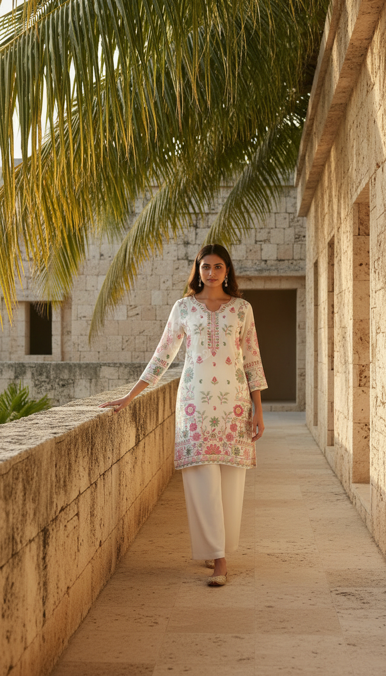 Off White Georgette Embroidered Suit Set With Thread Work