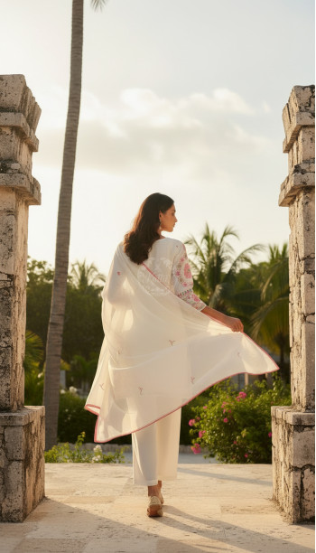 Off White Georgette Embroidered Suit Set With Thread Work