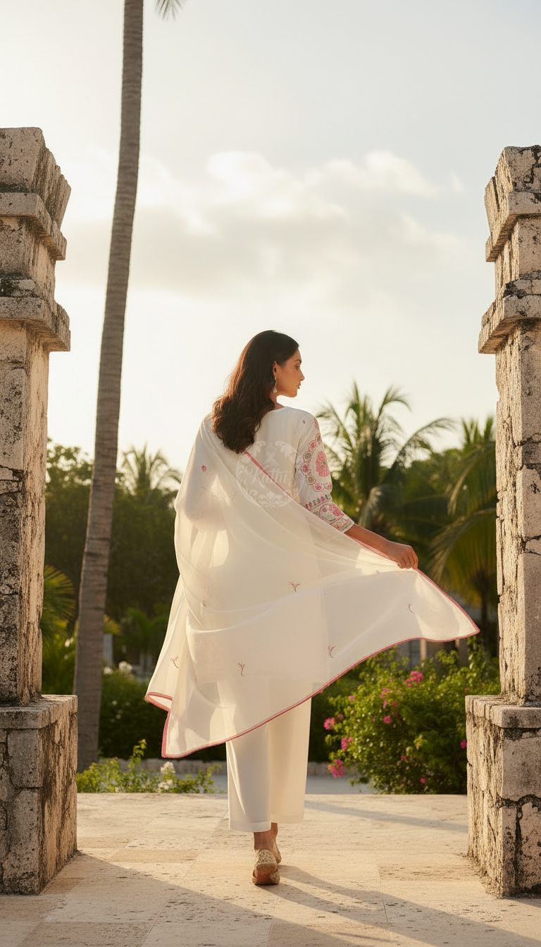 Off White Georgette Embroidered Suit Set With Thread Work