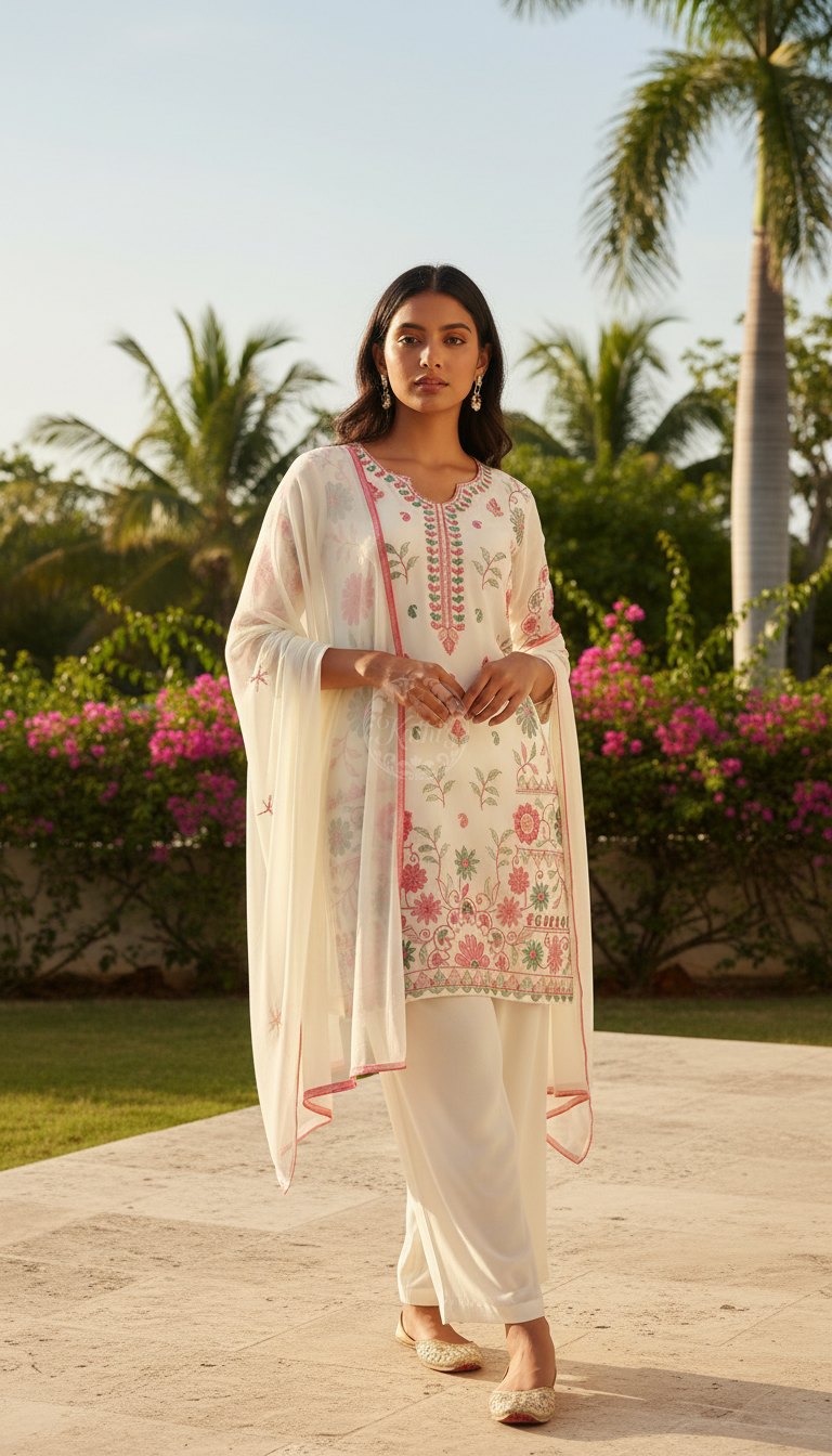 Off White Georgette Embroidered Suit Set With Thread Work