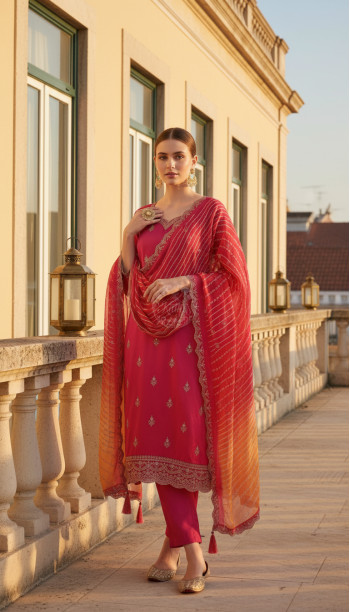 Fuchsia Dola Silk Embroidered Suit Set With Zari