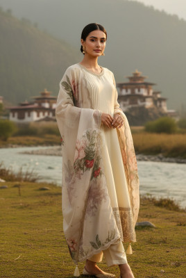 Cream Dola Silk Embroidered Suit Set With Thread Work