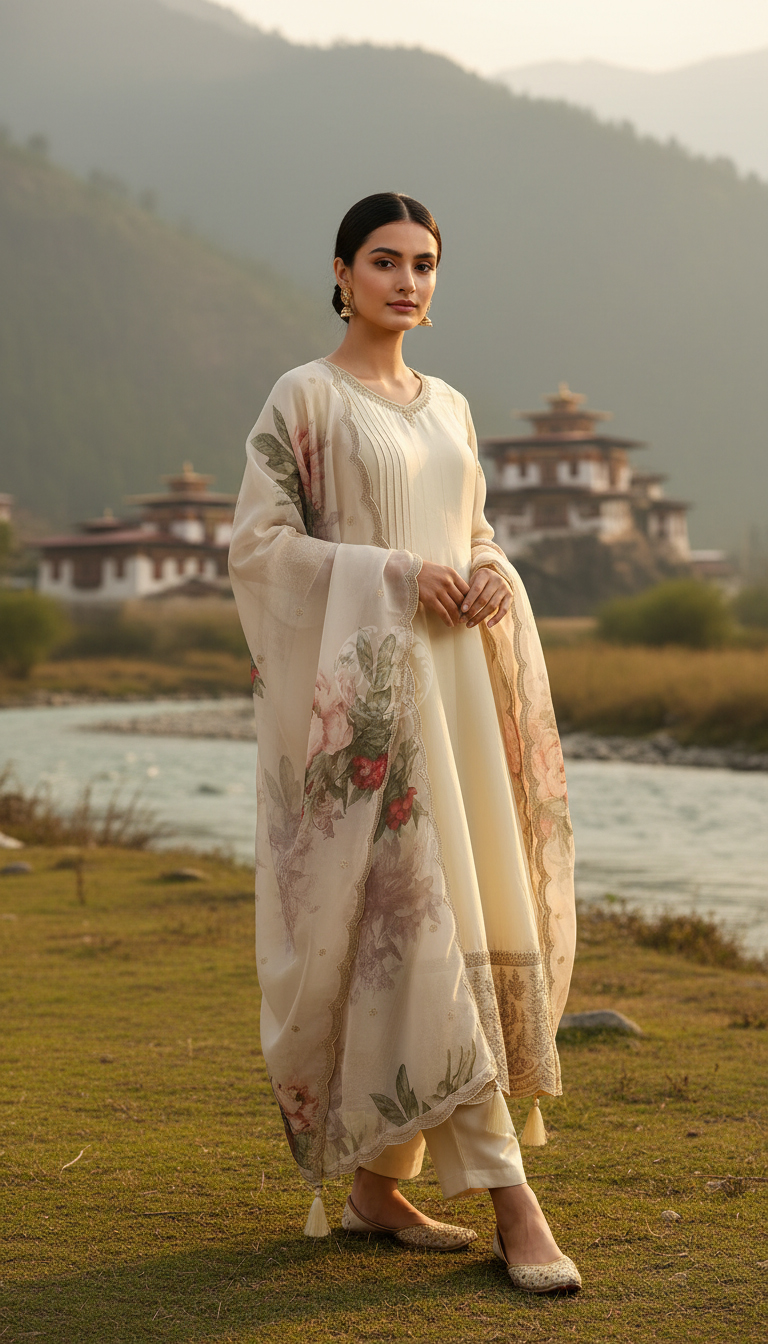 Cream Dola Silk Embroidered Suit Set With Thread Work