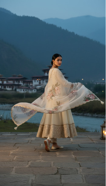Cream Dola Silk Embroidered Suit Set With Thread Work