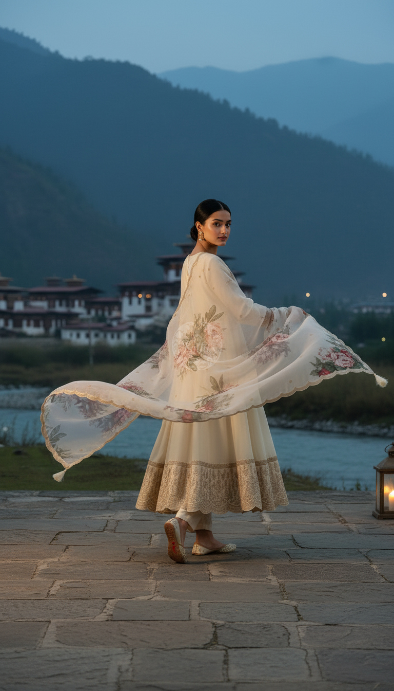 Cream Dola Silk Embroidered Suit Set With Thread Work