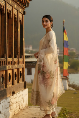 Cream Dola Silk Embroidered Suit Set With Thread Work