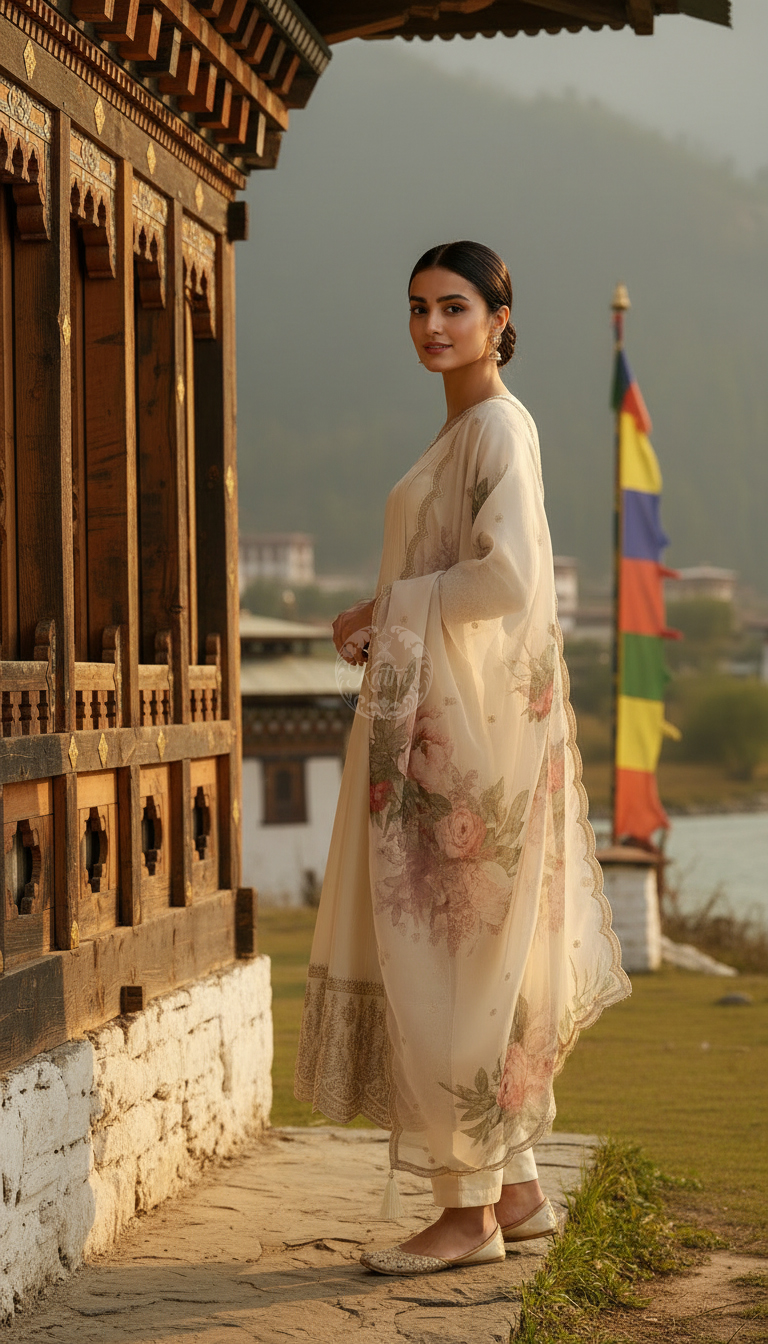 Cream Dola Silk Embroidered Suit Set With Thread Work