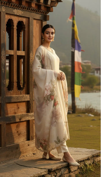 Cream Dola Silk Embroidered Suit Set With Thread Work