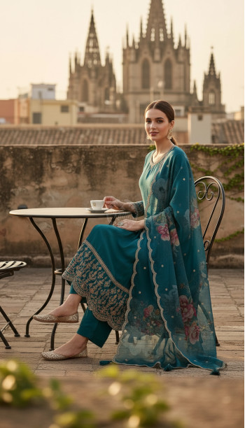 Teal Dola Silk Embroidered Suit Set With Thread Work