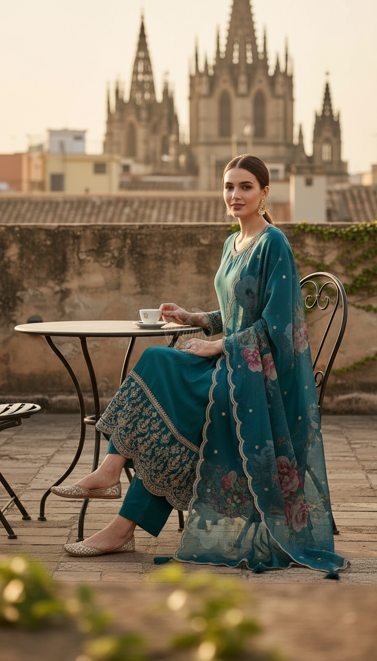 Teal Dola Silk Embroidered Suit Set With Thread Work