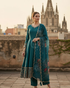 Teal Dola Silk Embroidered Suit Set With Thread Work