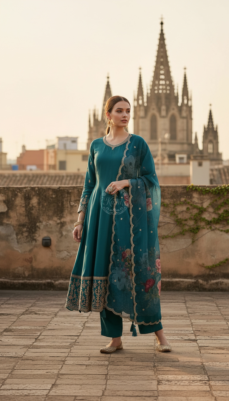 Teal Dola Silk Embroidered Suit Set With Thread Work
