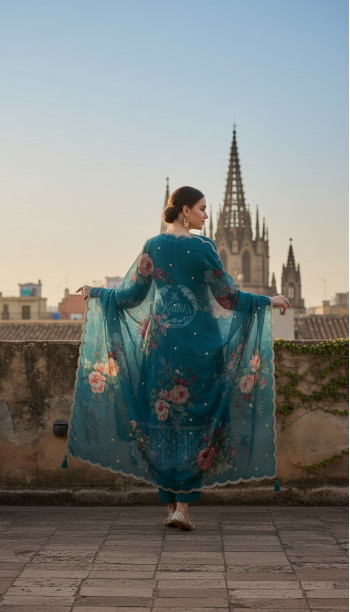 Teal Dola Silk Embroidered Suit Set With Thread Work