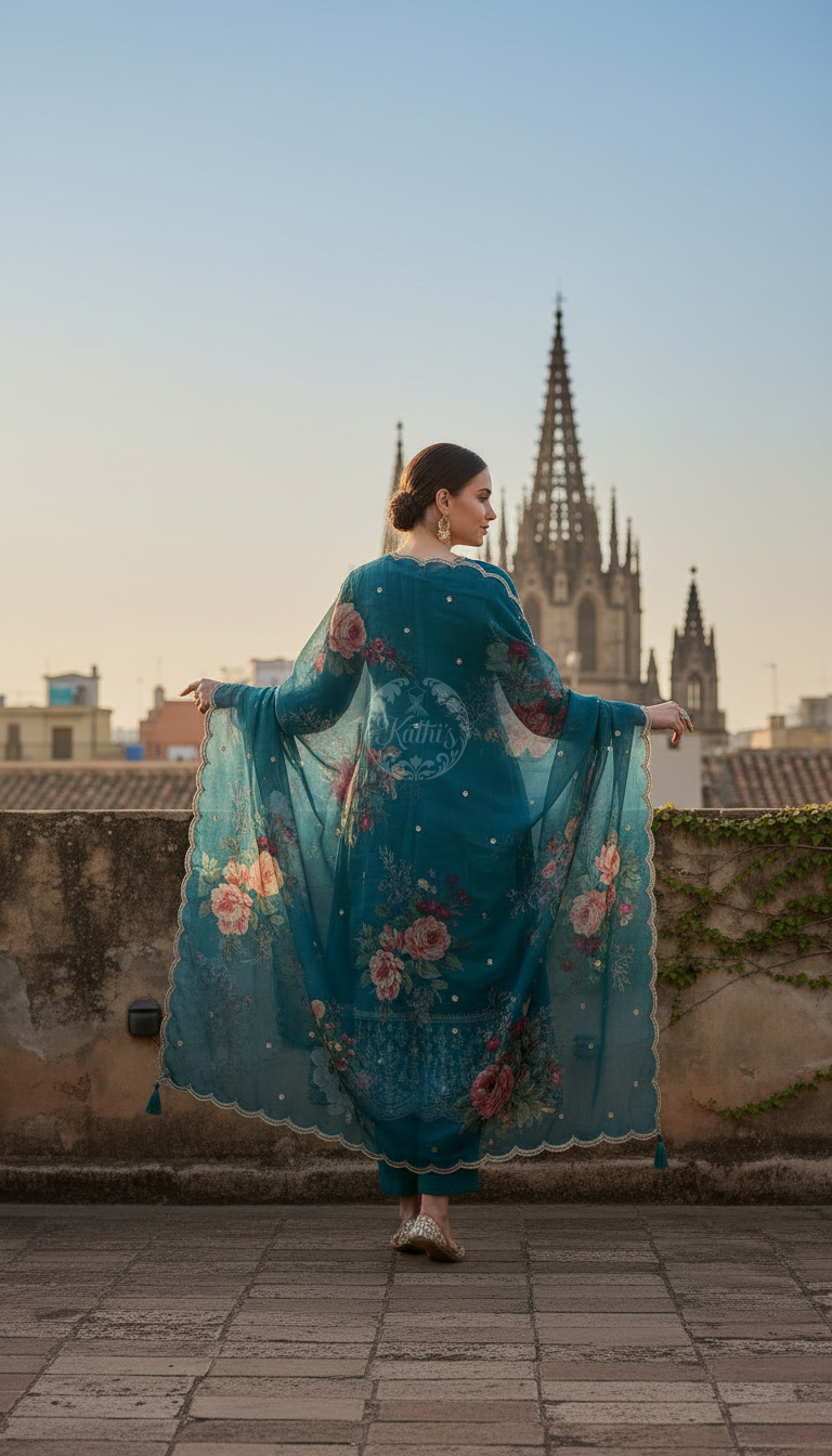 Teal Dola Silk Embroidered Suit Set With Thread Work